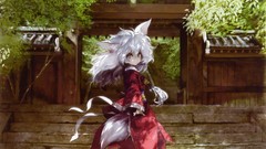 Trees dress white hair Ribbons red dress buildings outdoors 