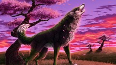 Trees fantasy art wolf howling