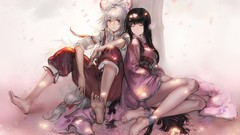Trees feet Anime dress Princess white hair red eyes sitting 