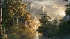 Trees grass Animals water Mountains autumn white light deer 