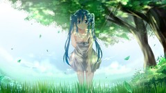 Trees grass anime girls hatsune miku vocaloid twintails summer 
