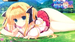 Trees grass blondes anime girls green eyes school uniforms 