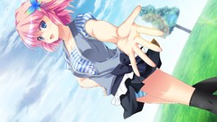 Trees grass clouds stripes skirts pink hair anime girls blue 