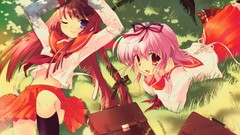 Trees grass fields anime girls school uniforms nanao naru scans