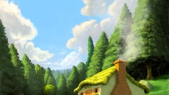 Trees grass Green smoke Bricks houses flue forests green field 