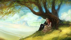Trees grass hills couple sitting artwork