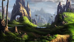 Trees grass hills Horses artwork fantasy art