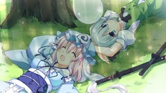 Trees grass Katana dress hats ghosts white hair pink hair anime 