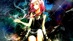 Trees grass night Stars dress red eyes sitting pink hair long 