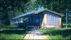 Trees grass paths buildings