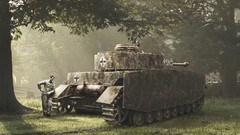 Trees grass War Garden waiting soldiers tanks World War II 