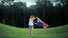 Trees grass woman American Flag USA blondes