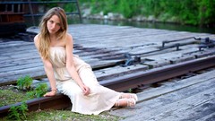 Trees grass woman shoulders tracks blondes blue eyes rivers 