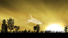 Trees grass yellow sun abstract planets religion artwork 