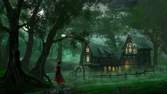 Trees Green dress houses forests fantasy art