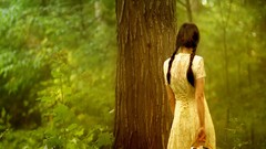 Trees Green woman ponytails forests yellow dress