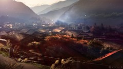 Trees hills houses buildings sunlight scenic power lines towns 