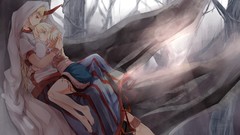 Trees horns red eyes blondes skirts scarfs long hair barefoot 