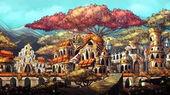 Trees houses doors artwork fantasy art towns
