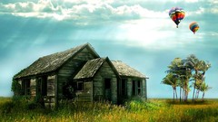 Trees houses Photo manipulation hot air balloons
