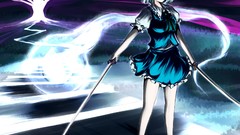 Trees Katana roads Swords blue hair barefoot anime girls short 