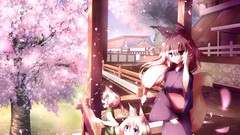 Trees kimono blondes long hair anime girls blue eyes short hair 