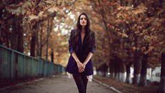 Trees light woman roads happy outdoors smiling brunettes