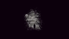 Trees Men moon Birds black background gloomy