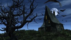 Trees moon bat Halloween houses