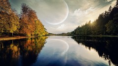 Trees moon reflections planets rivers science fiction dreamy 