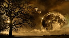 Trees moon sepia planets hot air balloons