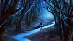 Trees moonlight sitting streams forests artwork hooded