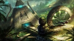 Trees moss cars pyramid arch statues arches science fiction