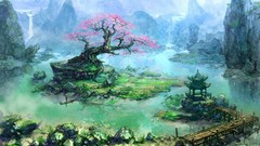 Trees Mountains Bonsai lagoon waterfalls rocks lakes piers 