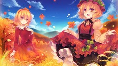 Trees Mountains clouds autumn corn dress grapes hats crops red 