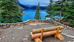 Trees Mountains clouds bench lakes skies scenic