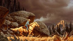 Trees Mountains clouds Horses paintings rocks USA forests 