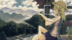 Trees Mountains clouds rain hats goddess sitting Ropes water 