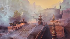 Trees Mountains Dragons statues waterfalls mist buildings asian 