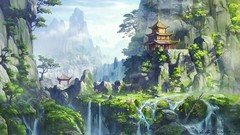 Trees Mountains moss waterfalls rocks streams asian 