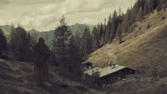 Trees Mountains Rural cottage old woman artwork fictional 