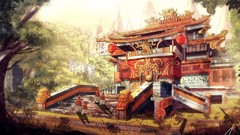 Trees Mountains statues Temples buildings lanterns concept art 