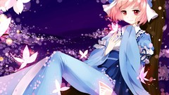 Trees night Butterflies dress hats red eyes sitting pink hair 