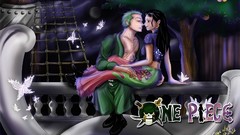 Trees night Butterflies love Anime couple sitting green hair 