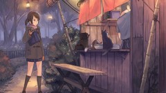 Trees night cats Bags scarfs anime girls brown eyes brunettes 