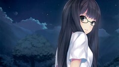 Trees night clouds glasses long hair anime girls skies black 