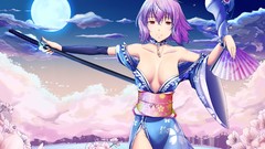 Trees night clouds moon weapons Katana hats red eyes Swords 