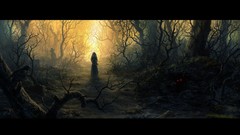 Trees night dark light woman lonely forests fantasy art
