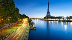 Trees night lights Eiffel Tower Paris France Boats cars roads 