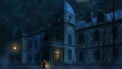 Trees night moon buildings